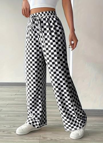 Women's Casual Checkered Pants Drawstring Elastic Waist Comfy Loose Straight Wide Leg Plaid Pants with Pockets3
