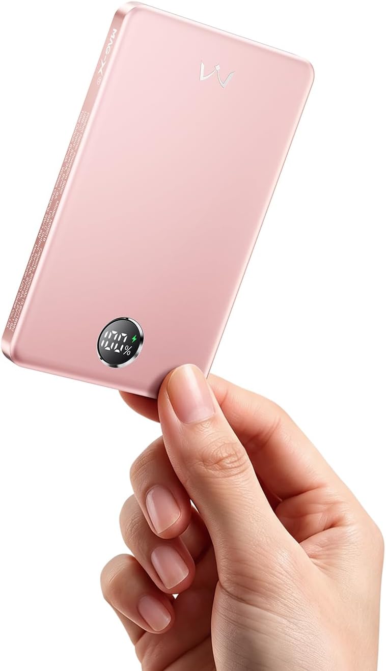 iWALK Magnetic Portable Charger, 5,000mAh Ultra-Slim Power Bank Wireless Charging Battery Pack with LED Power Display, Comfortable Grip Powerbank Compatible with iPhone 17/16/15/14/13 Series, Pink