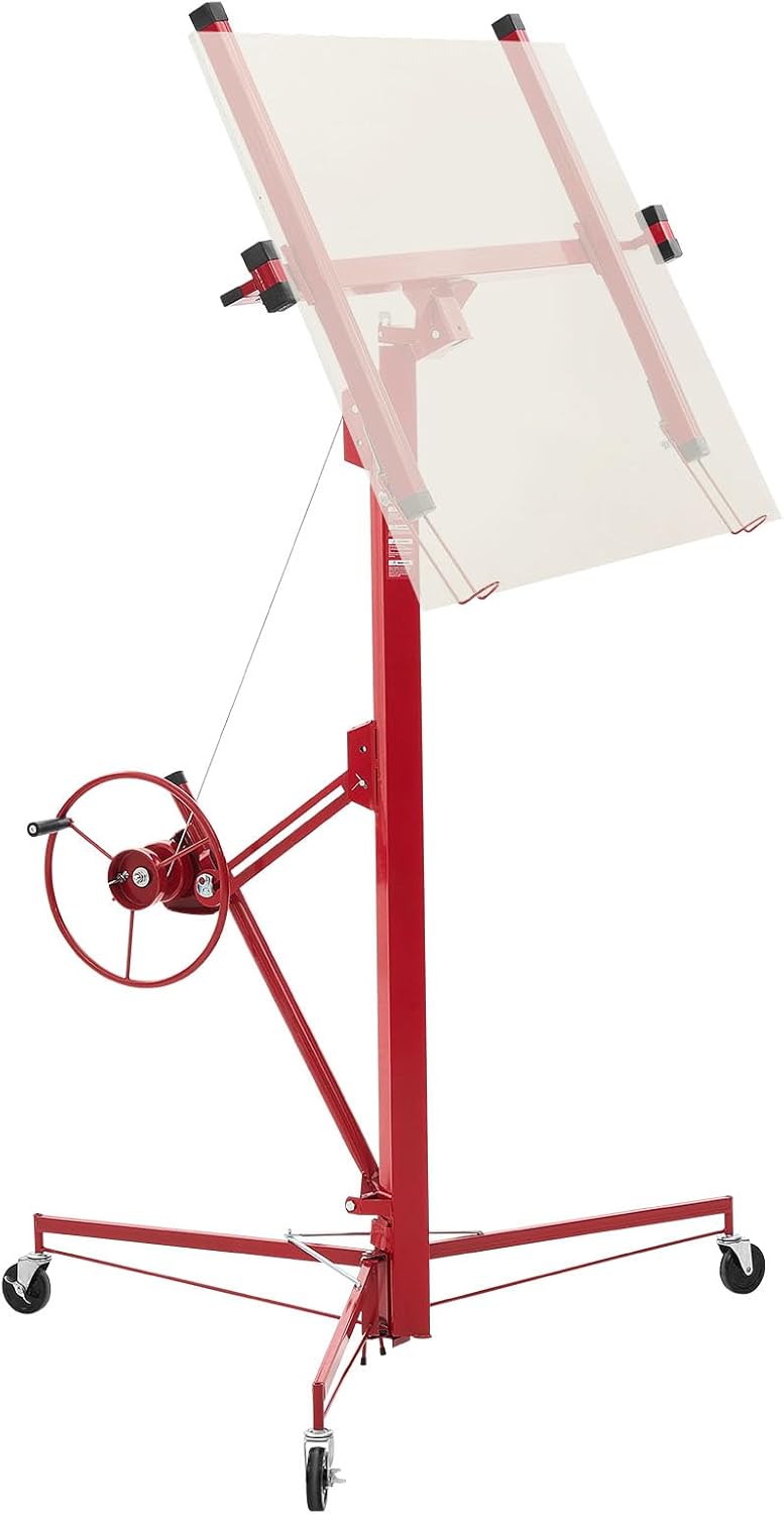 VEVOR 16ft Drywall Lift, Heavy-Duty 150 lbs Sheetrock Hoist with Adjustable Telescoping Arm, Lockable Wheels, Drywall Lifter Panel Jack Hoist Tools Ideal for Ceiling & Wall Installation (Red)