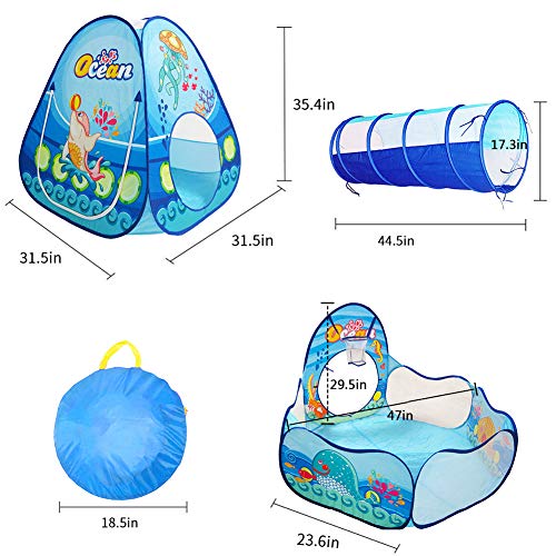 LOJETON Kids Play Tent, Tunnel & Ball Pit with Basketball Hoop for Boys, Girls and Toddlers-Indoor / Outdoor Playhouse