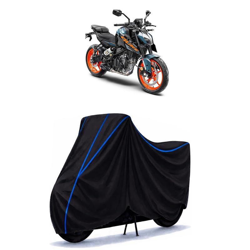 Image of KTM 250 Duke Bike Cover Water Resistant Universal Motorcycle Rain | Heavy Duty UV Protection, Dust, Scratch Indoor Outdoor All Weather with Black Blue Piping Elastic