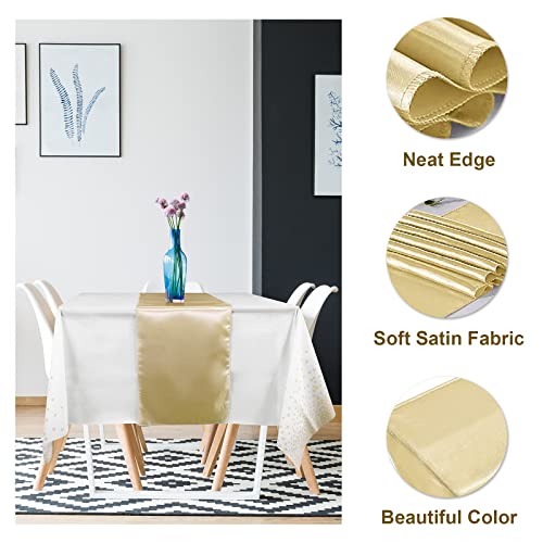 8Pack Disposable Plastic Tablecloths And Satin Table Runner Set White And Gold Dot Tablecloth Gold Satin Table Runner For Wedding Birthday Baby Shower Anniversary Christmas New Year Party Decorations #TOP2