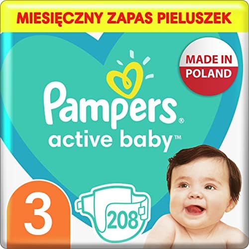 Pampers Pieluchy Rozmiar 3 (6-10kg), Active Baby Pieluszki, 208 Sztuk, Miesięczne Opakowanie, Ochrona Przed Przeciekaniem Przez Całą Dobę