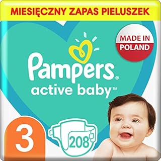 Pampers Pieluchy Rozmiar 3 (6-10kg), Active Baby Pieluszki, 208 Sztuk, Miesięczne Opakowanie, Ochrona Przed Przeciekaniem Przez Całą Dobę