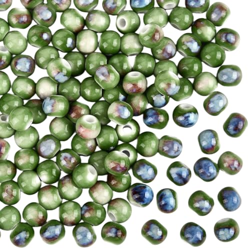 PONABEADIY 1 boîte de 120 Perles en Céramique Vert Foncé avec Trous Motif Encre à l'eau Style Chinois Vintage Émaillées Lisses Rondes pour la Fabrication...