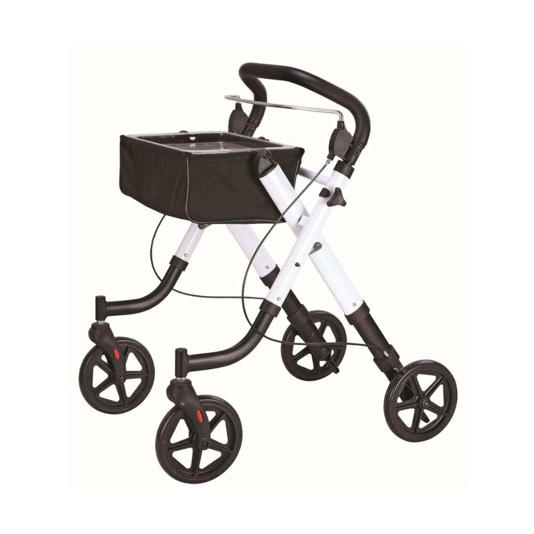 Andador Rollator para minusválidos, ancianos, ligero, plegable, frenos por presión, aluminio con bandeja transparente y bolsa extraíble, ruedas de 20 cm diámetro.