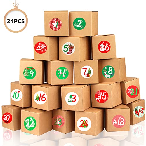 Calendrier de l'Avent, Boites Cadeau Noël DIY, comprenant 24 boites en carton et autocollants de Noël, pour Cadeau Noël 7 * 7 * 7 Cadeaux Boîtes en Kraft Bonbons Noël Déco Cover