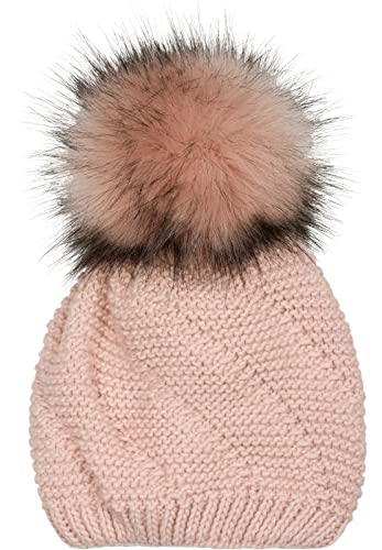 styleBREAKER Unisex Einfarbige Strick Bommelmütze fein gestrickt mit Fleece Futter, Winter Fellbommel Mütze 04024175, Farbe:Rose