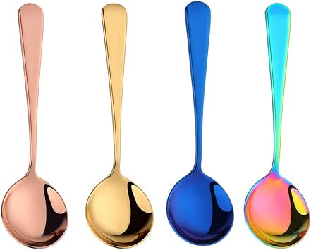 MINGYU 4-Piece Heavy Round Soup Spoons Set - Muticolor Stainless Steel Bouillon Spoon,Dinner Serving Spoons Titanium Silverware Tablespoon - Mirror Polish & Dishwasher Safe