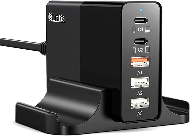 Quntis 5-port 65W USB C Charger With Stand,1 × 65W USB C PD power Supply For Laptops MacBook,1 × 30W Type C For iPad Pro iPhone,1x30W Quick Charge USB Charging Adapter,2x10W USB Plug For AirPods etc