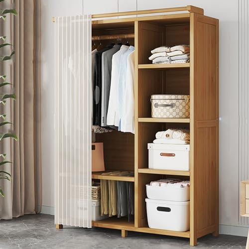 自立式フロアミラーコートラック、オープンワードローブ、竹製コートラック（洋服レールとカーテン付き）、寝室、廊下、リビングエリア用の棚