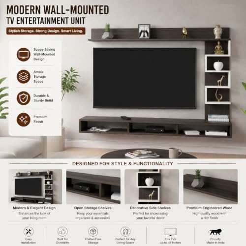 Image of FURNEASER Dettlet Modern Engineered Wood Wall Mounted TV Entertainment Unit for 43 inch TV | Floating TV Cabinet with Open Storage Shelves Racks for Set Top Box, Books & Decor (Wenge & White)
