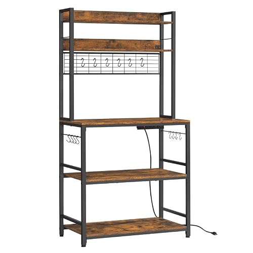 Vasagle Bakers Rack With Power Outlet, Microwave Stand, 14 Hooks Coffee Bar With Metal Wire Panel, Kitchen Hutch Storage Shelf, 15.7 X 31.5 X 66.9 Inches, Rustic Brown And Black Ukks025B01 #TOP15