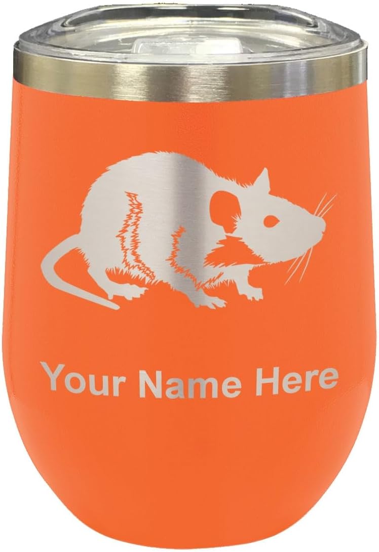 LaserGram 16oz Double Wall Stainless Steel Wine Glass Tumbler, Rat, Personalized Engraving Included (Black)