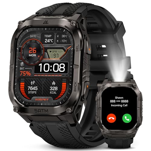KOSPET Tank M4C Rugged Smart Watch with GPS Built-in LED Flashlight 5ATM Waterproof 1.96 AMOLED 170+ Sport Modes Long Battery Life Walkie-Talkie & Bluetooth Calls Heart Rate/Sleep Monitor