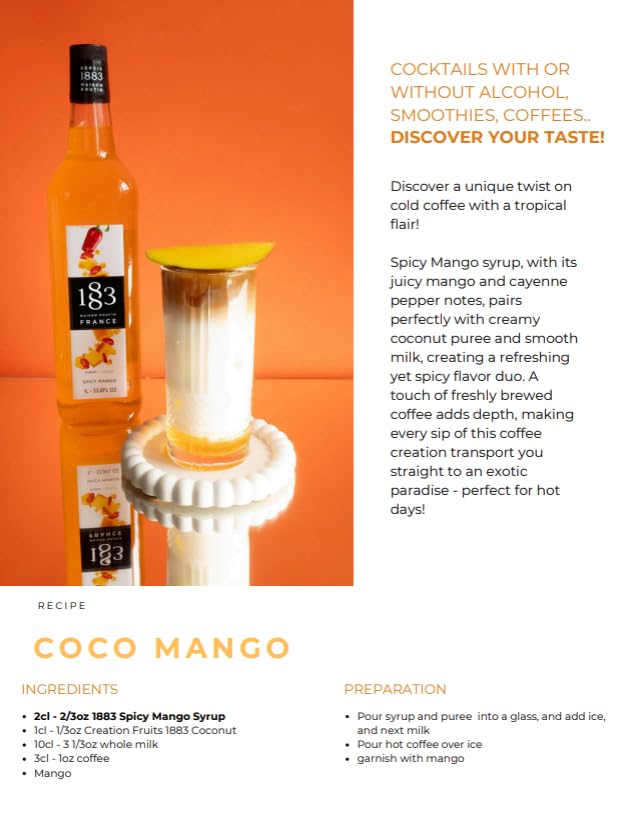 Image of 1883 Spicy Mango Syrup for Drinks, Made in France, 1 Liter Glass Bottle