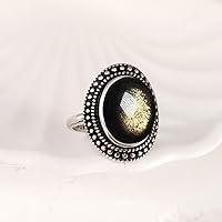 Vista 8 de Oval Black Obsidian Crystal Stone Quartz Boho Bohemian Wide Band Ring for Women,Female S925 Sterling Silver Retro Vintage Antique Real Natural Ring_A