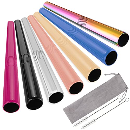 UNOLIGA 12mm Pajitas de Acero Inoxidable Reutilizables Extra Gruesas, Pajitas de Metal para Bubble Tea Cócteles, 7 Colores Reusable Metal Straw con 2 Cepillos de Limpieza