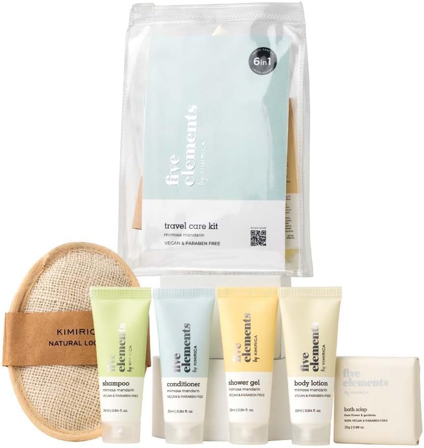 Travel Kit Bath set Five Elements Luxury Bath and Body Care Travel Pouch Loofah| 6 in 1 self-care travel kit with a reusable pouch 100% Vegan