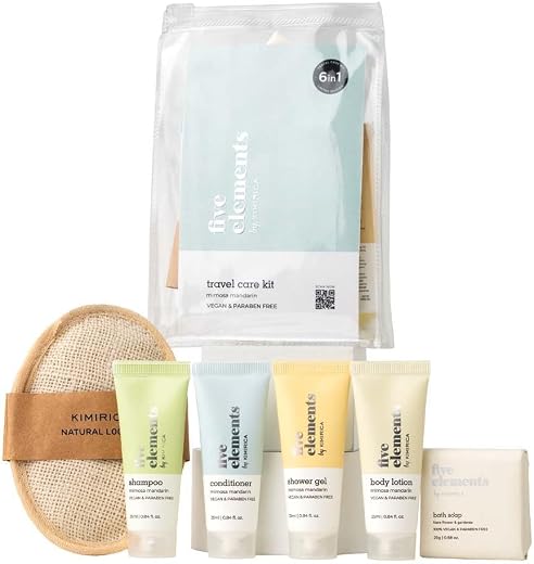 Kimirica Travel Kit Bath set Five Elements Luxury Bath and Body Care Travel Pouch Loofah| 6 in 1 self-care travel kit with...