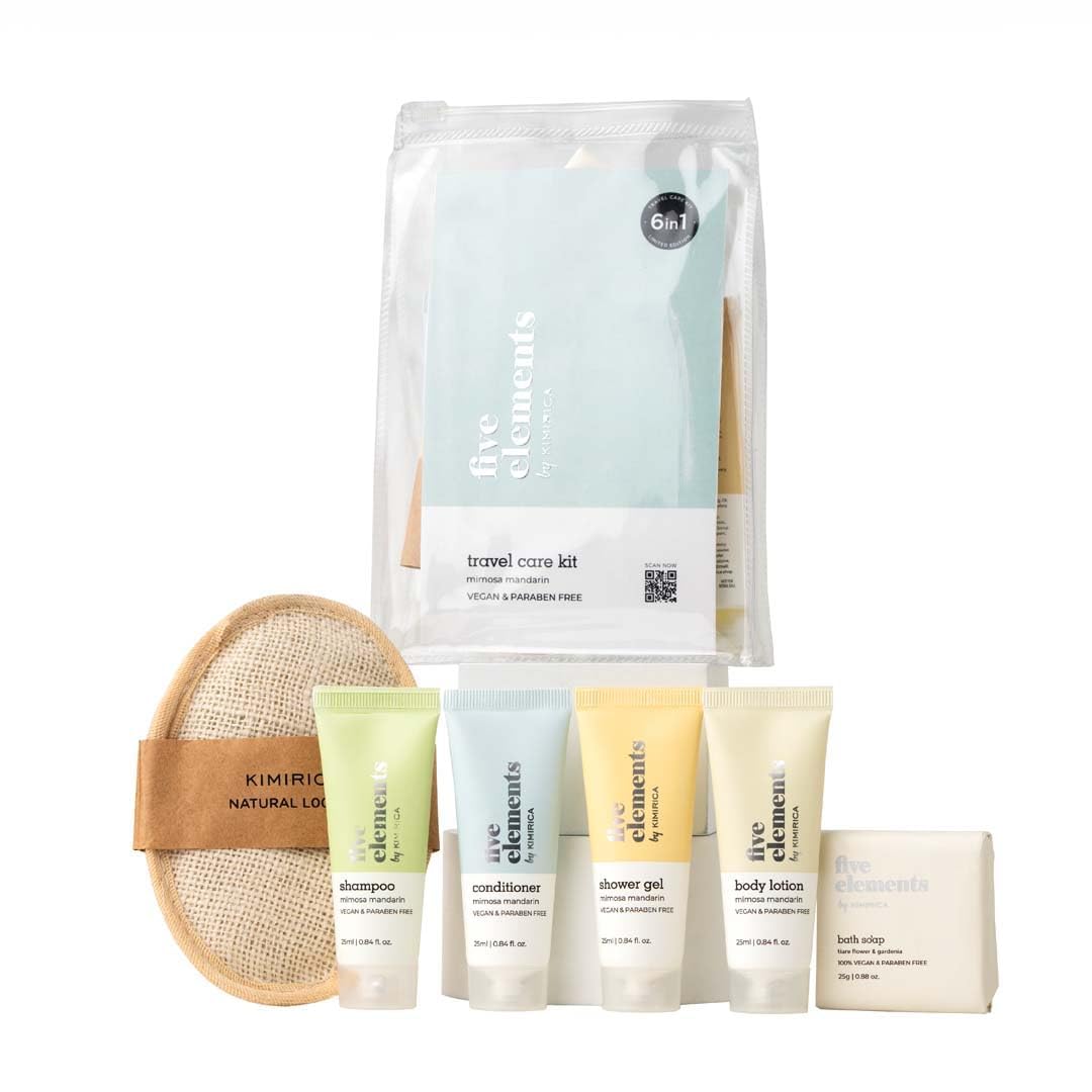 Kimirica Travel Kit Bath set Five Elements Luxury Bath and Body Care Travel Pouch Loofah| 6 in 1 self-care travel kit with...