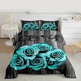 Picture of Turquoise Grey Bedding Set Teal Rose Flowers Comforter Set King For Girls Men Women Valentine'S Day Wedding Comforter Gifts For Couple Lover,Country Rose Floral Quilt Duvet Insert 2 Pillow Cases