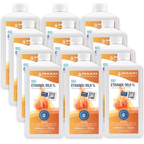 Maxxi Clean | 12x 750 ml Bioethanol für Tischkamine | Made in Germany | geruchsneutral und rußfrei bei Indoor,- und Outdoor Ethanol-Kaminen | geeignet für Raum,- und Gartenfeuer mit Alkohol-Kamin
