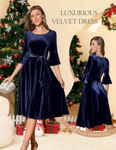 Image of HomRain Women's Church Dresses Modest Bell Sleeve Wedding Guest Cocktail Tea Party Vintage Evening Dress
