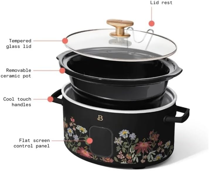 Beautiful 6~Quart Programmable Slow Cooker, Wildflower Black~Sesame by Drew Barrymore,Touch-activated display,Dishwasher Safe Removable Ceramic Pot And Tempered Glass Lid.