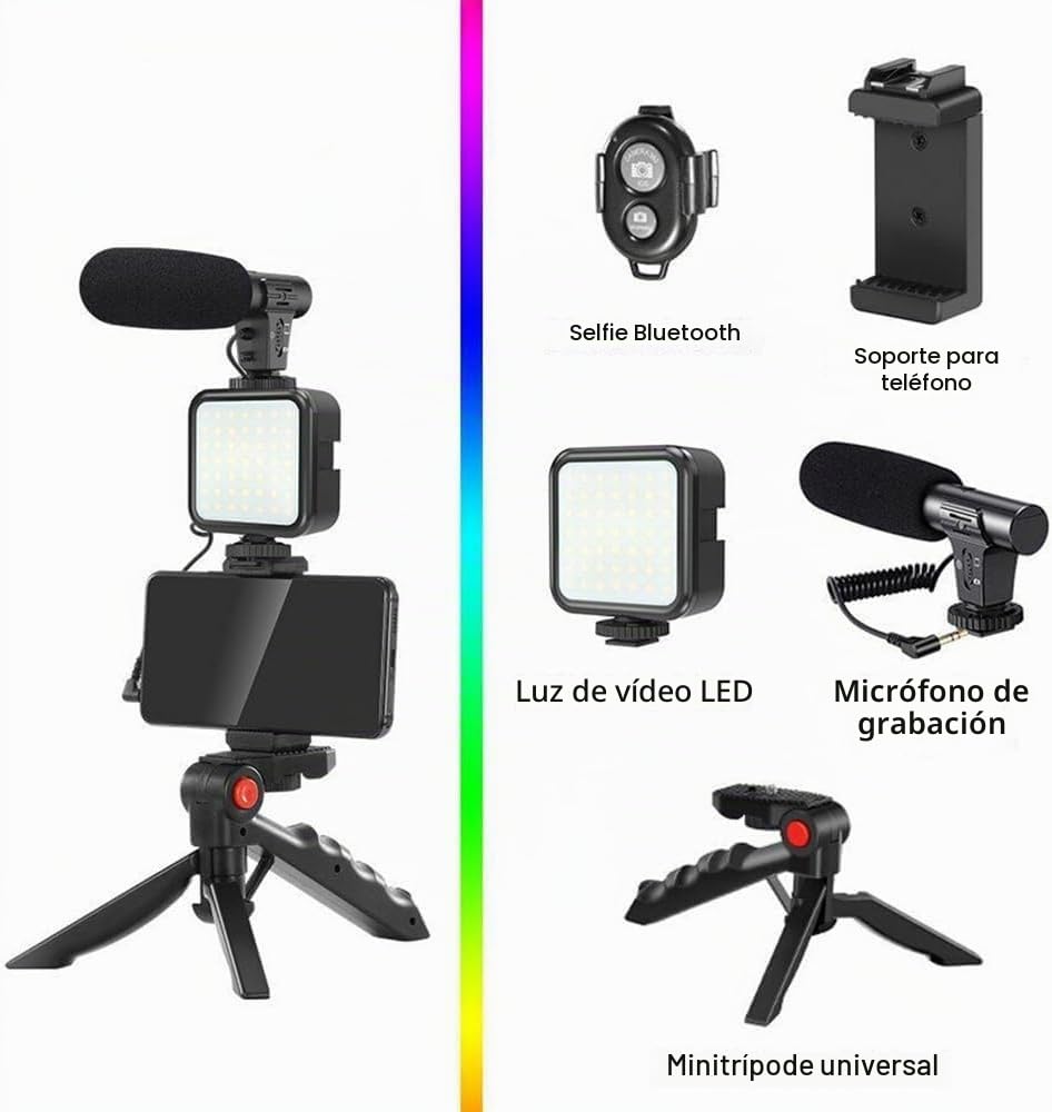 Kit de vídeo para smartphone profesional, kit Vlog teléfono, incluye luz LED, micrófono, soporte y trípode, compatible con iPhone, Android, Youtube, TikTok, Vlog, Live Streaming