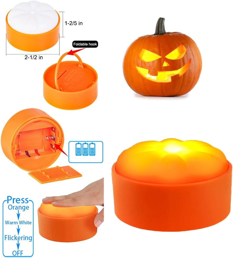 Halloween Pumpkin Lights with Timer Remote, Battery Operated Orange LED Pumpkin Lights Halloween Decor Flickering Jack-O-Lantern for Pumpkins Home Decorations (4PACK)