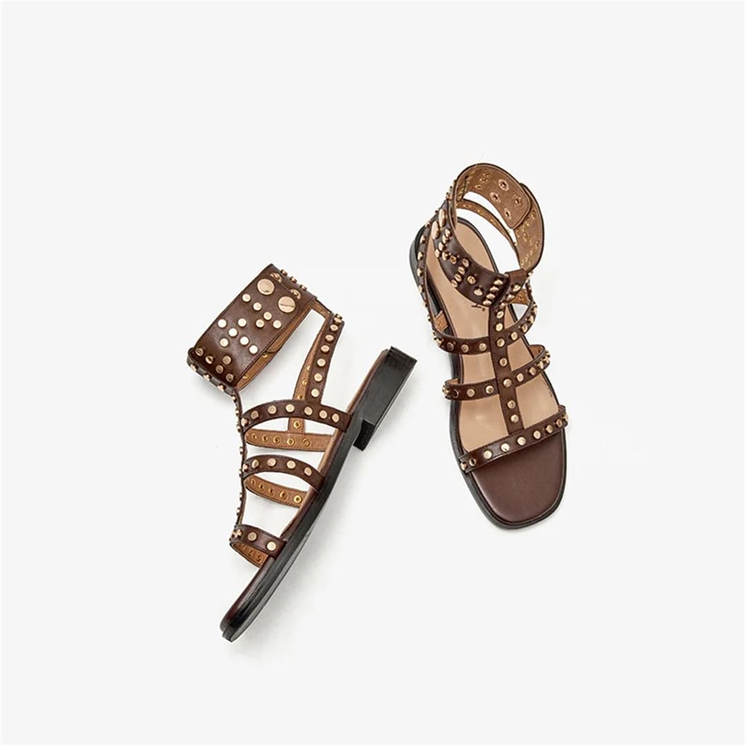 Sandalias de gladiador con correa de hebilla y correa al tobillo para mujer, tacón cuadrado, lado abierto, estilo gladiador, piel de vaca, detalle de remaches, estilo romano casual