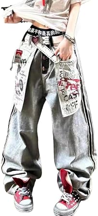 Y2k Vintage Grunge Reverse Big Pocket Graffiti Harajuku Baggy Jeans Hiphop Punk Loose Casual Wide Leg Denim Pants