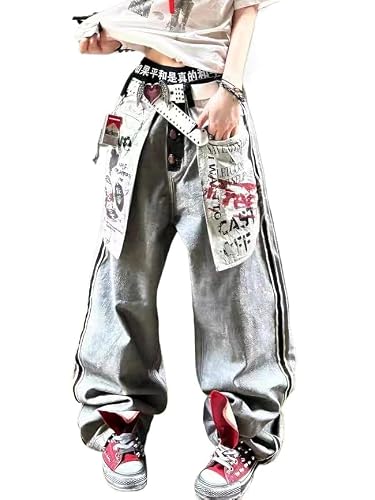 Y2k Vintage Grunge Reverse Big Pocket Graffiti Harajuku Baggy Jeans Hiphop Punk Loose Casual Wide Leg Denim Pants (Denim,XX-Large)