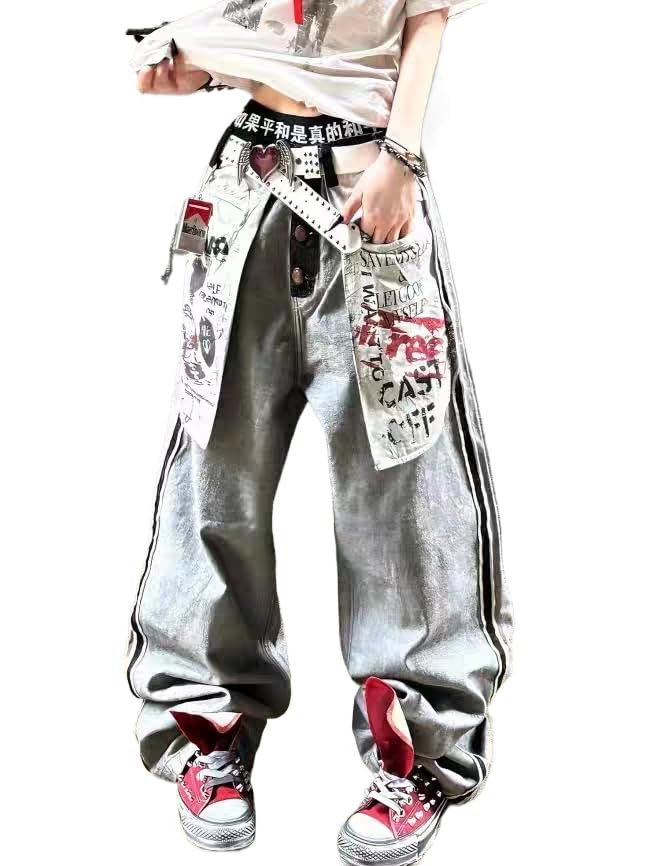 Y2k Vintage Grunge Reverse Big Pocket Graffiti Harajuku Baggy Jeans Hiphop Punk Loose Casual Wide Leg Denim Pants