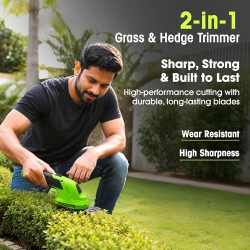 Image of 2-in-1 Cordless Hedge Trimmer, Handheld Shrub Trimmer, 8.4V Battery, Dual-Edge Blade, Lightweight Grass Shears for Lawn, Garden & Shrubs, Easy One-Hand Operation.