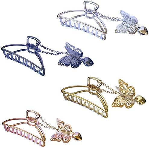 TANG SONG 4PCS Metal Hair Claw Clips with Butterfly and Heart Pendant Hair Catch Barrette Jaw Clamp for Women Half Bun Hairpins for Thin Hair(Silver+Gold+Rose Gold+Black)
