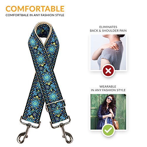 Blue Vintage Handbag Strap & Purse Strap Replacement Jacquard Woven Embroidered Guitar Strap Styled Shoulder & Crossbody Strap - Adjustable Bag Strap For Tote And Messenger Bags #TOP7