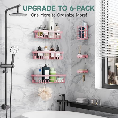 Image of Veken Large Capacity Shower Caddy 6-Pack, No Drilling & Rustproof, Adhesive Shower Shelves with Soap Holder, Bathroom Organizers and Storage, Wall-Mounted Kitchen & Home Decor, Pink