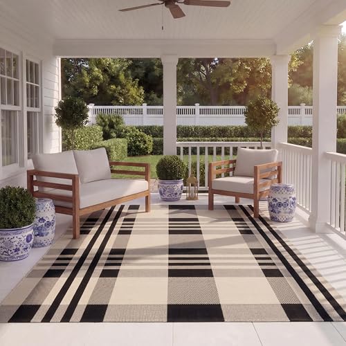 SAFAVIEH Courtyard Collection Area Rug - 8' x 10', Black & Bone, Plaid Design, Non-Shedding & Easy Care, Indoor/Outdoor & Washable-Ideal for Patio, Backyard, Mudroom (CY6201-216)