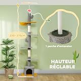 PawHut Drzewko podłoga-sufit 90.5"-108" regulowane, jasnoszary