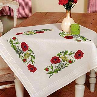 KAMACA Embroidery Kit Tablecloth Poppies Cross Stitch Cotton Embroidery Kit with Embroidery Template (Tablecloth 80 x 80 cm)