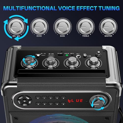 JYX Karaoke Machine with Two Wireless Microphones, Portable Bluetooth Speaker with Bass/Treble Adjustment, Remote Control and LED Lights, Supports TF Card/USB, AUX in, FM, REC for Party (Dark Blue) by JYX - Image 7