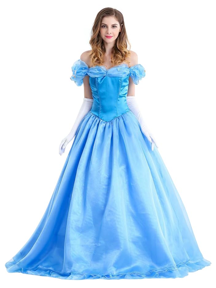 New front Adulte Costume pour Princesse Cendrillon Robe pour Femme Déguisement Adolescent Cinderella Papillon Robe Surlongueur Maxi pour Halloween Carnaval...