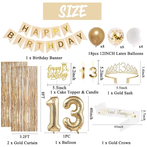 Image of Trgowaul 13th Birthday Decorations for Girls, Banner, Sash and Crown, Cake Topper, 13 Number Balloon, Fringe Curtains, Champagne Gold 13 Birthday Party Supplies