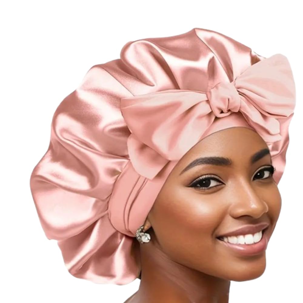 Boolavard Silk Bonnet for Sleeping Women Satin Bonnet Double Layer Satin Lined Hair Bonnet with Tie Band Curly Hair (UK, Alpha, One Size, Beige)