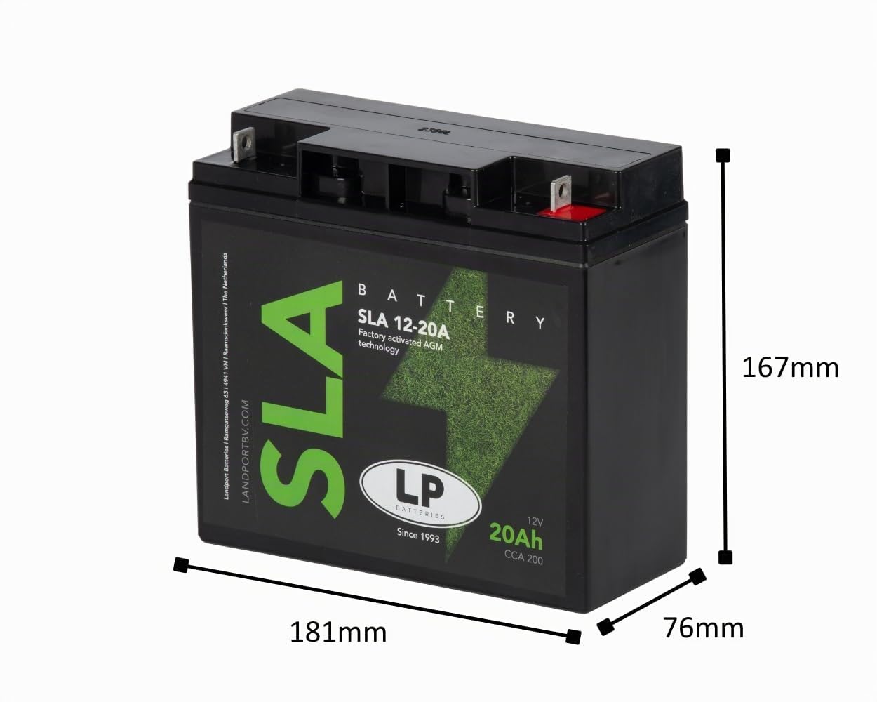 LANDPORT 1x Batterie 12V 20Ah SLA/AGM 12-20A kompatibel mit Aufsitzmäher | Maße 181 × 76 × 167 mm, 200 A Kaltstartstrom, wartungsfrei, befüllt, Pluspol rechts; kompatibel mit Rasenmäher, Rasentraktor