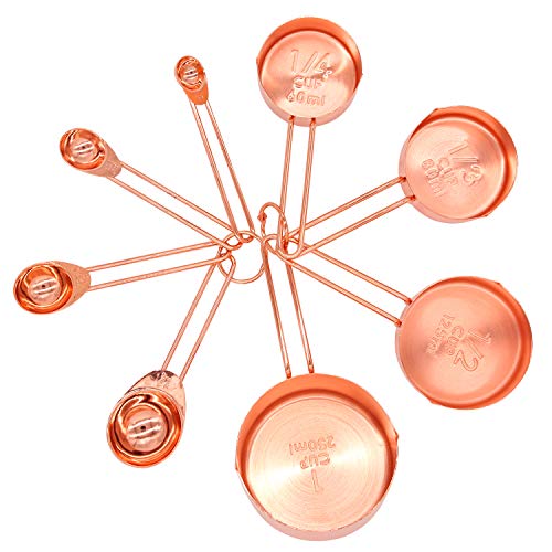 Copper Stainless Steel Measuring Cups And Spoons Set Of 8 Engraved Measurements, Pouring Spouts & Mirror Polished For Baking And Cooking Include Magnetic Measurement Conversion Chart By Kaishane #TOP2
