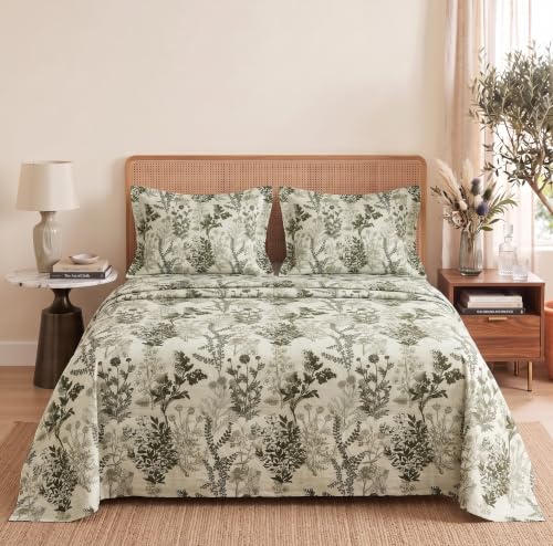 Image of BSB HOME 240 TC Cotton Double Bedsheet with 2 Pillow Covers, Soft & Breathable Bed Sheet for Double Bed, Fade & Wrinkle Resistant, Floral Print, 90 x 100 Inches (228 x 254 cm) - Sage Botanical
