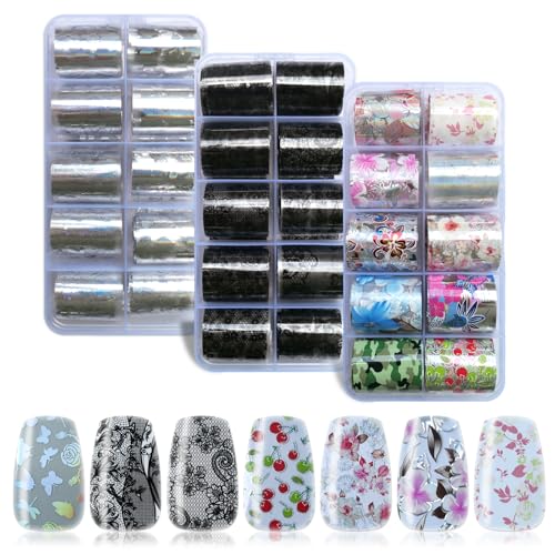 Lifextol Nail Art Stickers - 30 Rolls Foil Transfer Sheets for Fake Nail Tips With Butterfly, Flower Designs - Press on Nails Decoration